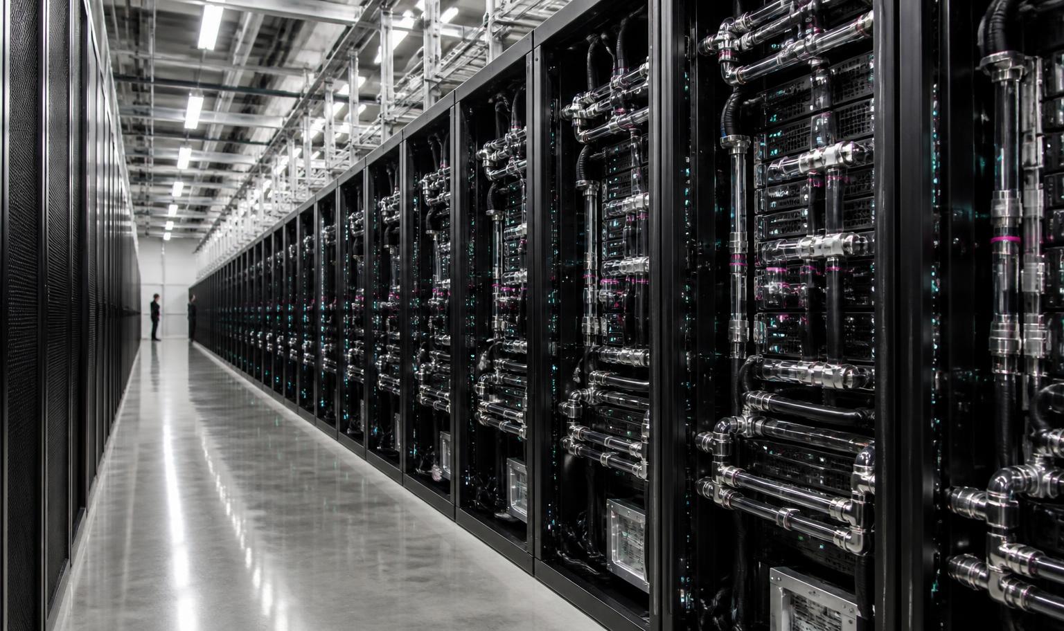 Rows of liquid-cooled server racks inside a modern data centre