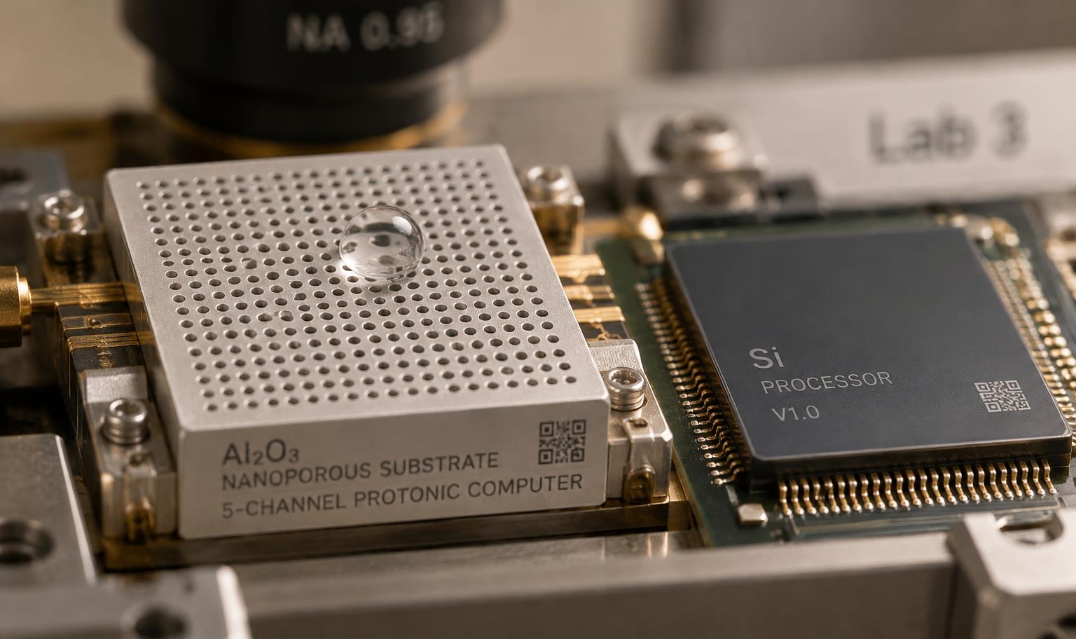 Nanoporous aluminium oxide substrate mounted beside a silicon processor